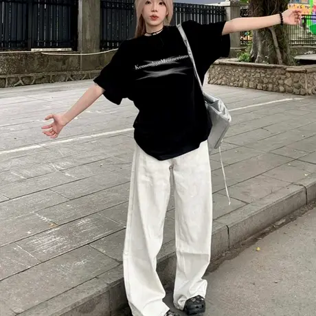 大码高街纯棉短袖T恤女2025夏季宽松oversize小个子胖mm黑色上衣商品大图