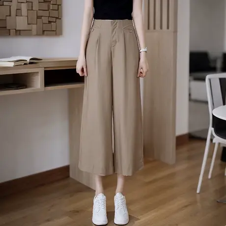 麻料夏季高腰薄款阔腿裤女垂感宽松直筒裤显瘦裤休闲百搭八分裤商品大图