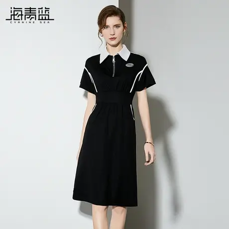海青蓝2024夏季新款时尚休闲连衣裙polo领撞色拼接高腰显瘦A字裙图片