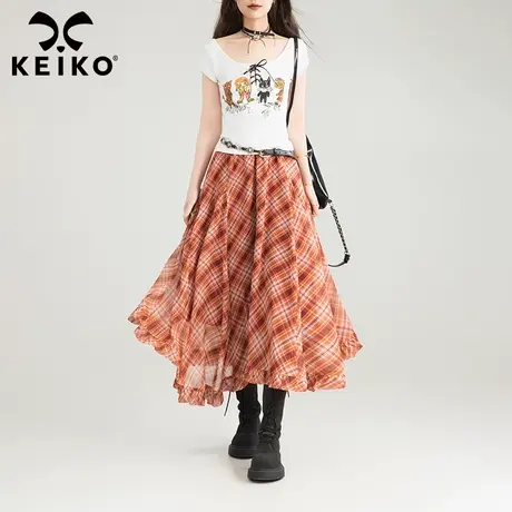 KEIKO 不规则格纹雪纺半身裙夏季轻盈垂感随性木耳花边大摆长裙子商品大图