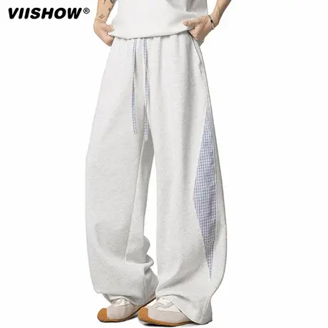 VIISHOW美式复古拼接弯刀休闲裤子男秋宽松百搭直筒阔腿运动卫裤图片