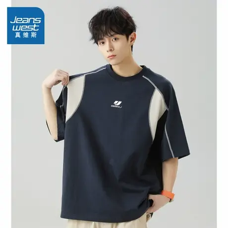 D4真维斯男装2025夏季新款 美式复古撞色五线拼接设计纯棉短T男商品大图