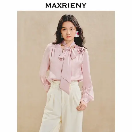 【奥莱】MAXRIENY优雅慵懒风缎面衬衫女立体玫瑰装饰上衣图片