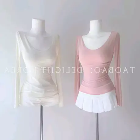 现货 东大门性感纯欲风修身显瘦u领长袖上衣T恤（7色）图片