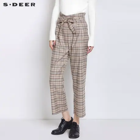 sdeer圣迪奥女装春秋装复古撞色格纹系带直筒高腰长裤S21360832图片