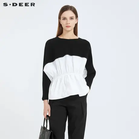 sdeer圣迪奥春秋装圆领抽褶撞色拼接长袖针织衫女S21183505图片