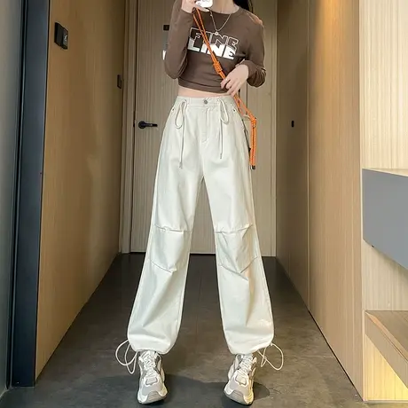美式两穿工装裤女春秋2025女款束脚小个子米白色高腰直筒阔腿裤子商品大图