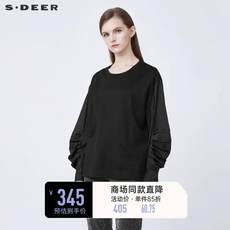 sdeer圣迪奥冬时尚圆领抽褶灯笼袖宽松黑色T恤S21480215图片