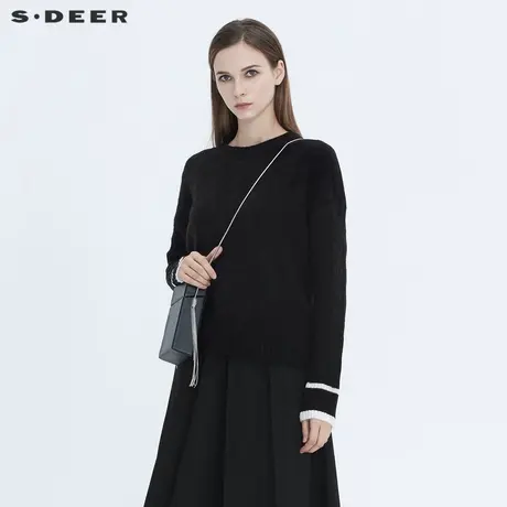 sdeer圣迪奥新款罗纹圆领花样针织撞色拼接休闲毛衣S20463545图片
