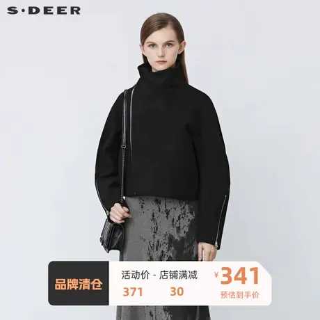 sdeer圣迪奥女装个性立领斜襟拼接毛呢黑色短款外套S21482222图片