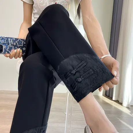 新中式国风烟管裤女2025春夏高腰盘扣黑色小个子九分休闲直筒裤子商品大图