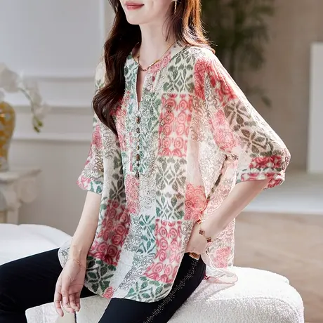 宝诗黎V领烫钻印花雪纺衫女2025夏季宽松气质波西米亚风大码衬衣图片