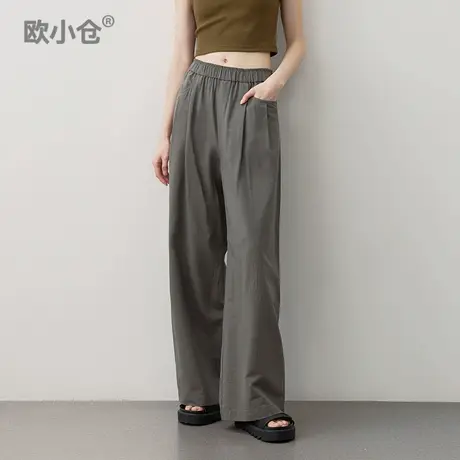 欧小仓夏芝士 微皱肌理感休闲长裤松紧腰打褶阔腿裤 松弛感山本裤商品大图