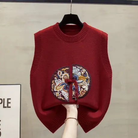 新中式圆领针织马甲背心女2025春秋新款宽松外穿马夹国风毛衣坎肩图片