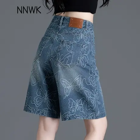 蓝色五分牛仔短裤女夏季薄款2025新款高腰提花直筒裤宽松阔腿中裤商品大图