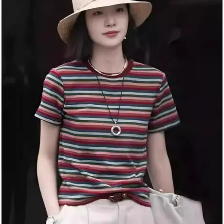 条纹圆领纯棉短袖T恤女2025新款夏季简约休闲设计感小众正肩上衣图片