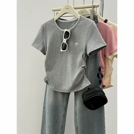 辣妹褶皱收腰下摆短袖T恤女夏装修身短款小个子蕾丝边上衣体恤潮商品大图