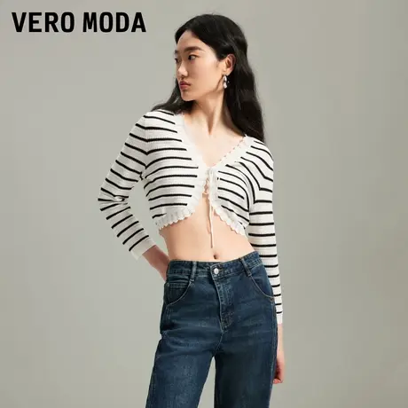Vero Moda针织衫女夏季甜美优雅条纹镂空七分袖绑带开衫324224014商品大图