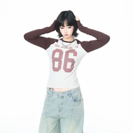 美式复古撞色拼接插肩长袖T恤女秋季修身短款辣妹风显瘦打底上衣图片