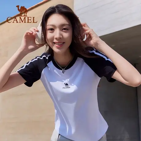 骆驼女装运动短袖T恤2025夏季新款条纹正肩休闲短款修身显瘦上衣图片