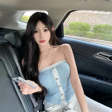 纯欲甜辣妹韩国抹胸小上衣女夏季设计感单排扣裹胸背心一字肩外穿商品大图