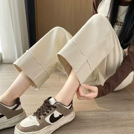 杏色毛边九分阔腿牛仔裤女2025早春新款高腰宽松显瘦小个子直筒裤商品大图