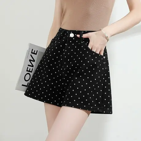 设计感波点阔腿牛仔短裤女夏季薄款高腰宽松黑色显瘦直筒三分热裤商品大图