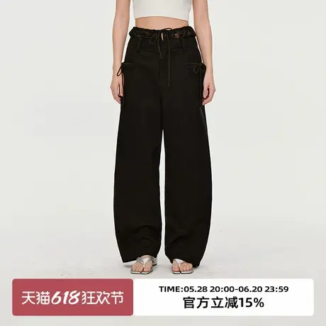 omont蛋挞家 复古蕾丝拼接腰休闲裤子2025春季高腰阔腿弯刀香蕉裤商品大图