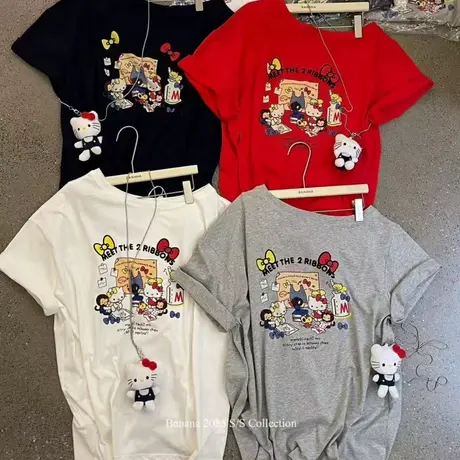 韩国东大门夏季新款时尚卡通印花一字领宽松显瘦斜肩短袖T恤上衣商品大图