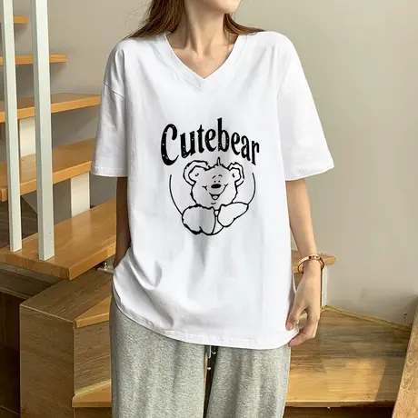 oversize欧美高街纯棉女别致t恤大码v领胖mm炸街chic上衣短袖遮肚商品大图