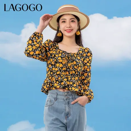 LAGOGO泡泡袖复古方领雪纺衫女拉谷谷春季新款系带修身甜美上衣商品大图