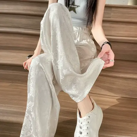 冰丝缎面提花阔腿裤女夏季薄款新中式雪纺凉凉国风直筒宽松拖地裤商品大图