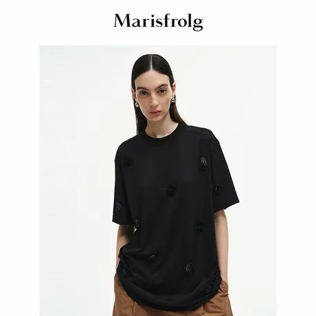 Marisfrolg玛丝菲尔2025秋新款黑色艺术立体花朵亮片刺绣宽松T恤商品大图
