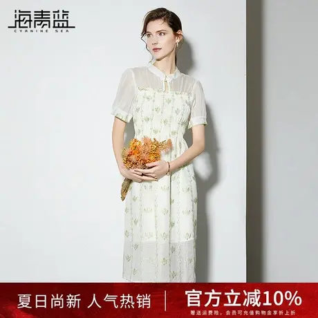 海青蓝小清新碎花连衣裙2024夏季新款淑女印花新中式改良旗袍裙子商品大图