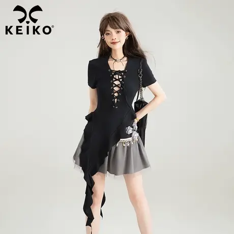 KEIKO不规则荷叶边短袖t恤女夏季甜辣少女风绑带饰小众不撞款上衣图片