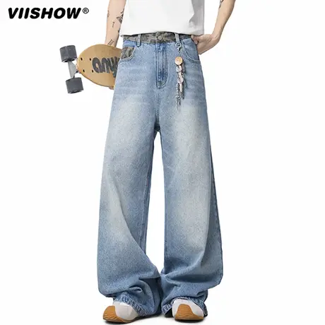 VIISHOW美式水洗弯刀牛仔裤男秋季潮牌宽松直筒阔腿百搭痞帅长裤图片