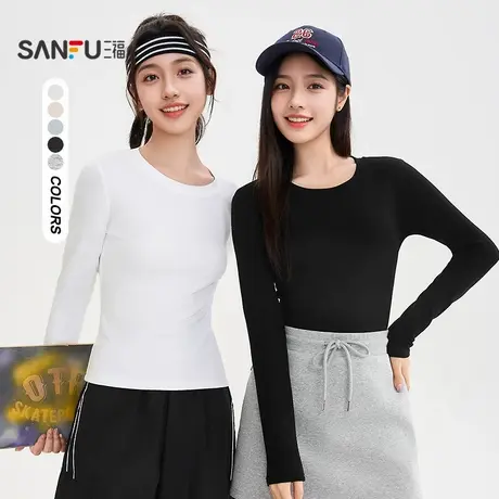 三福长T恤2025秋季圆领修身打底衫休闲内搭上衣女装503944商品大图