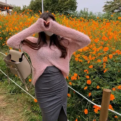 韩国东大门2021秋季新款不规则开叉压褶高腰修身显瘦中长半身裙潮商品大图