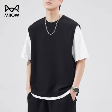 猫人男士短袖t恤2025新款假两件上衣宽松美式重磅夏季半袖体恤衫图片