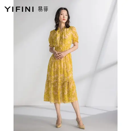 Yifini/易菲复古优雅印花连衣裙22夏季新款高级感中长款遮肉显瘦图片