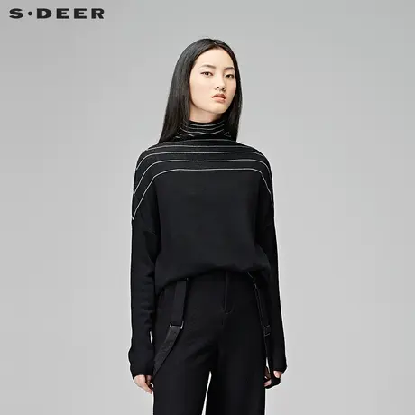 sdeer圣迪奥2018冬装高领落肩条纹针织衫毛衣女S17483557图片