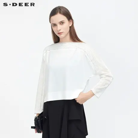 sdeer圣迪奥春秋装复古一字领蕾丝拼接长袖T恤女S21180214图片