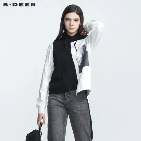 sdeer圣迪奥女新品个性连帽撞色印花不规则挖肩卫衣外套S21162216图片