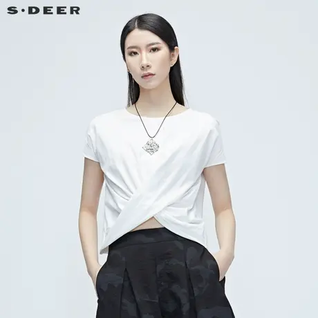 sdeer圣迪奥夏装女装不规则剪裁圆领微弹白色基础T恤S20280123图片
