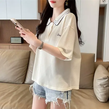 设计感小众娃娃领短袖t恤女夏季韩版宽松大码华夫格polo领上衣服图片