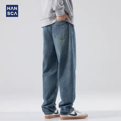 hansca日系复古水洗牛仔裤男秋冬款潮牌直筒宽松大码阔腿休闲长裤图片