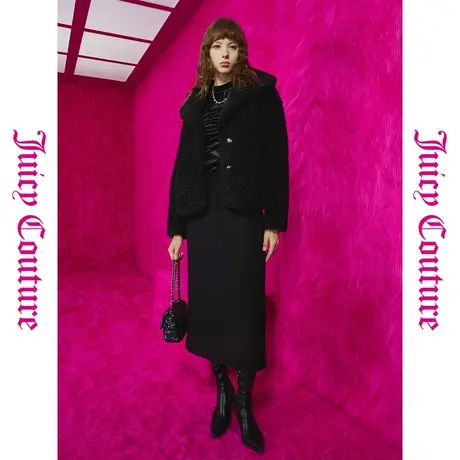 Juicy Couture橘滋春夏新款女装上衣外套卷毛绒大翻领黑色外套女商品大图