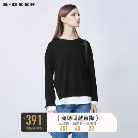 sdeer圣迪奥冬罗纹圆领撞色拼接假两件长袖T恤S21480208图片