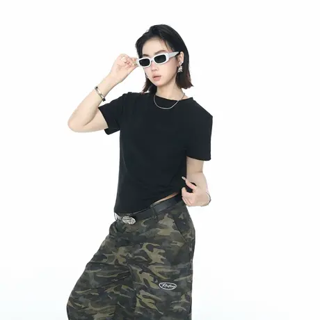 2025夏季新款正肩修身纯色短款短袖T恤女美式ins辣妹风半袖上衣图片