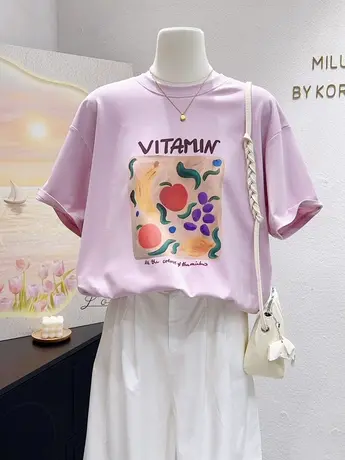 春夏季正肩遮肉粉色上衣~韩代款chic减龄纯棉花朵印花微胖短袖t恤图片